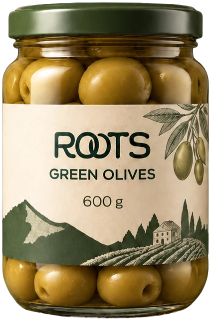 ROOTS Green Olives jar, 600 g
