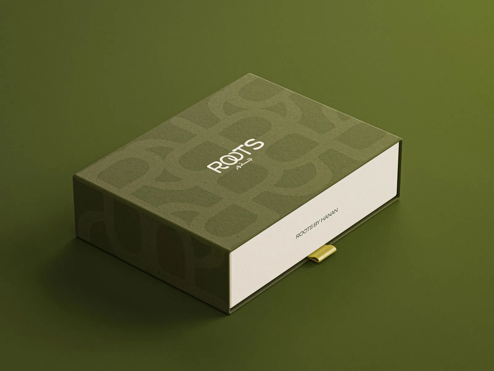 Everyday edition box in Earth Olive with the ROOTS letterform pattern