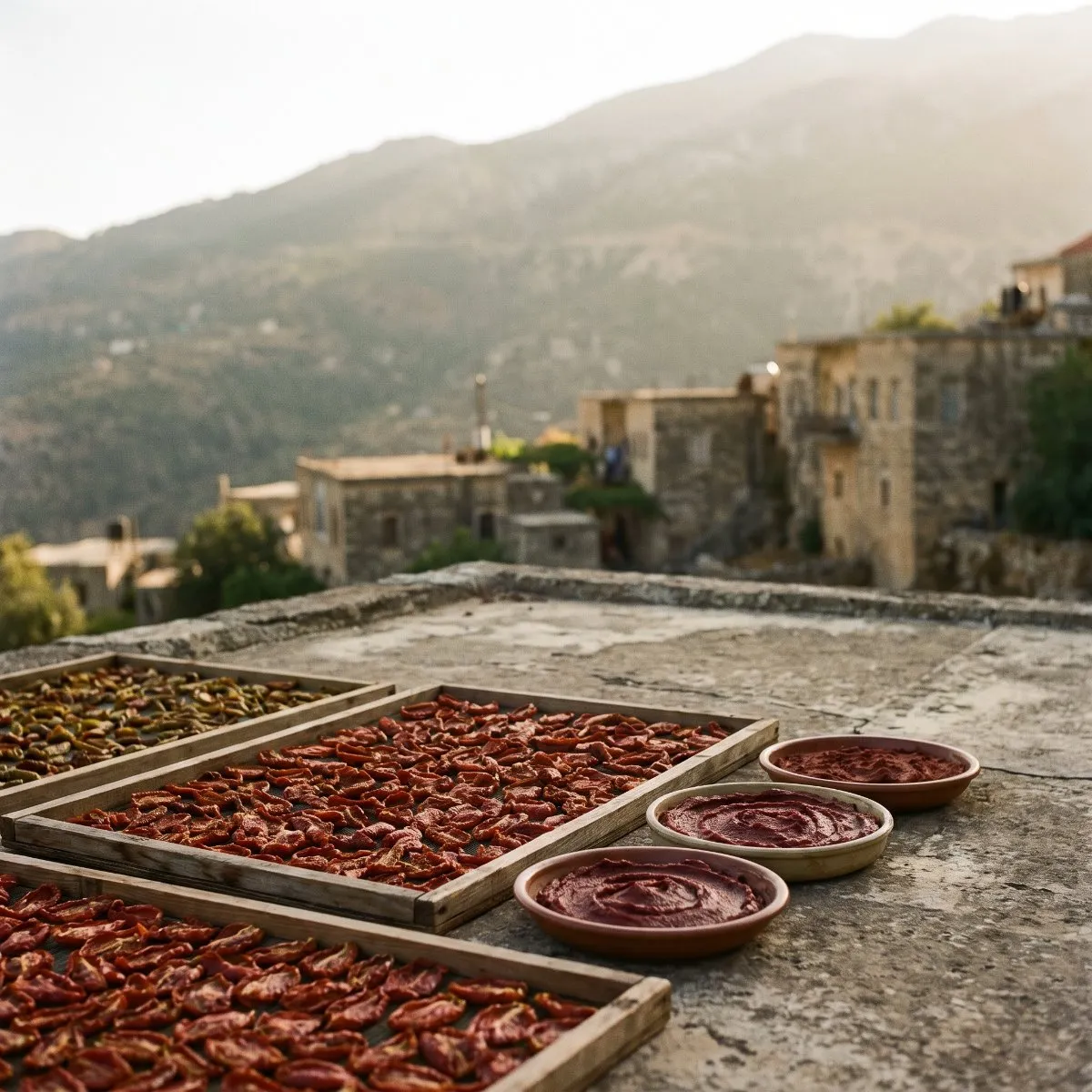 Tomatoes drying in trays on a village rooftop in the mountains