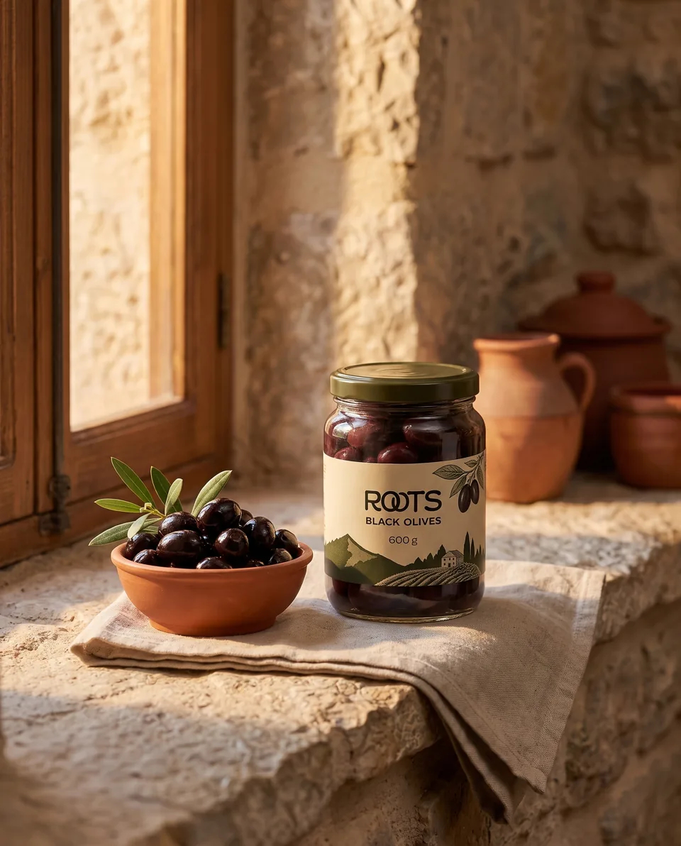 ROOTS black olives with a small ceramic serving bowl