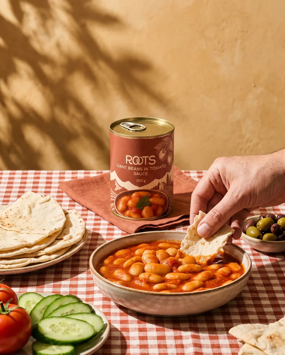 Giant beans in tomato sauce served with warm bread