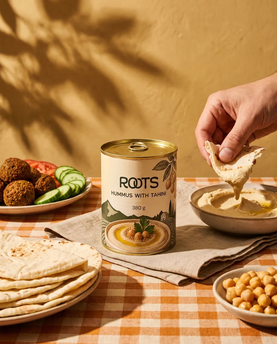 ROOTS hummus with tahini served with bread