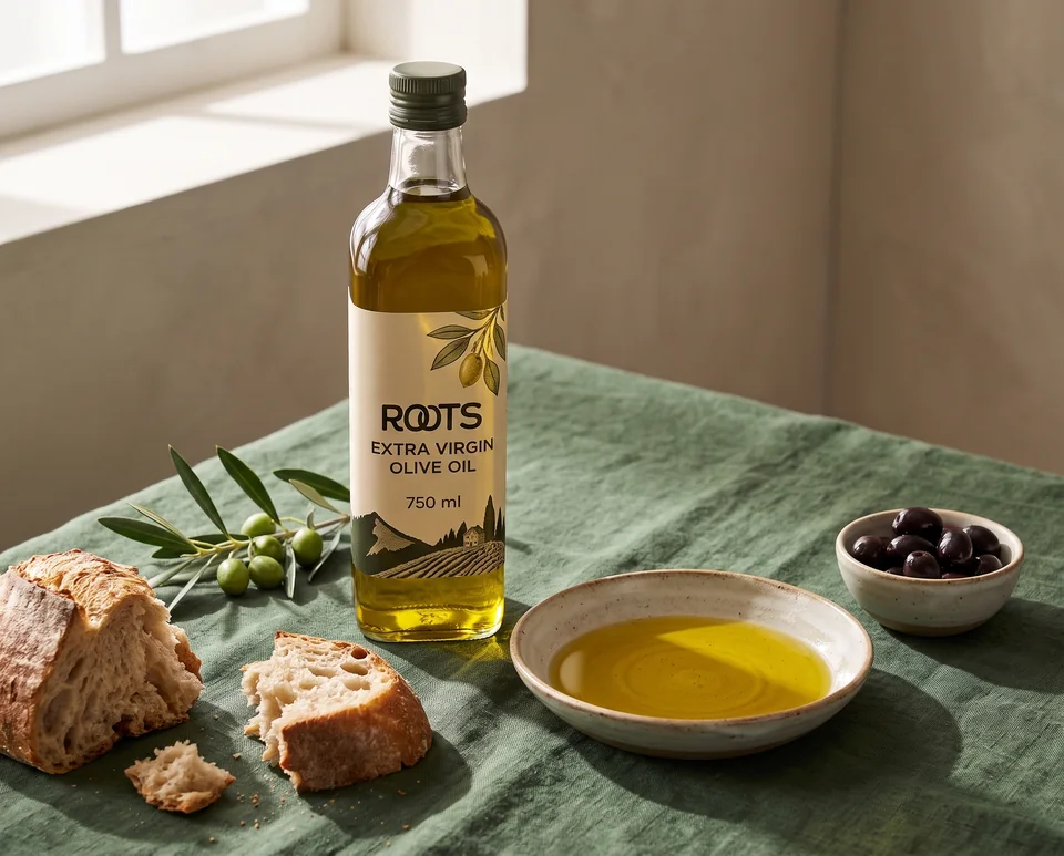 Olive oil, olives and torn bread on green linen