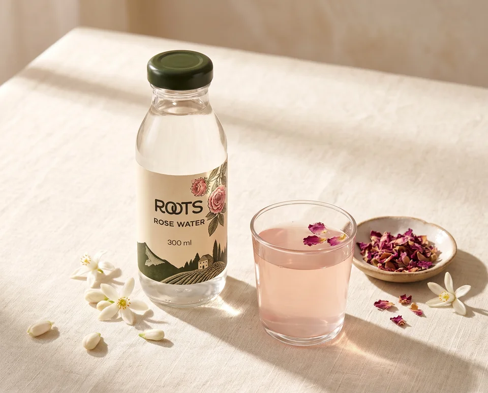 Rose water with a glass of rose lemonade, petals and blossoms on ivory linen