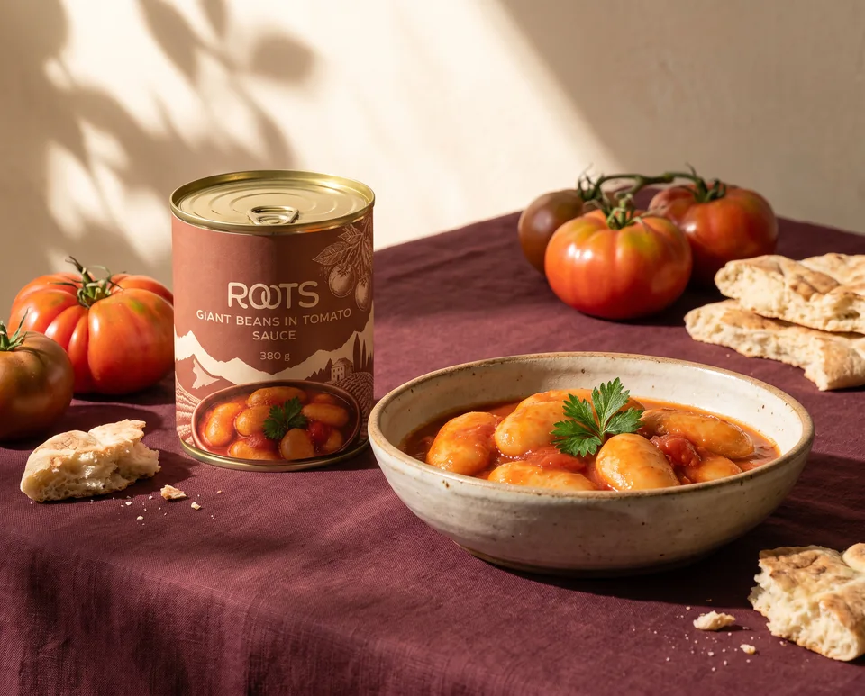 Giant beans in tomato sauce with tomatoes and flatbread on burgundy linen
