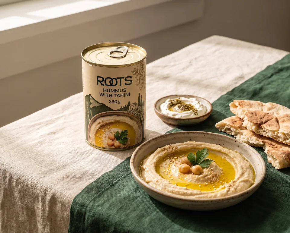 Hummus with olive oil, warm bread and labneh on a winter table